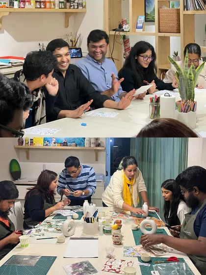 Our corporate workshops are all about interaction and shared experiences. These collages show teams engaged in both painting and crafting activities, guided by our expert mentors.