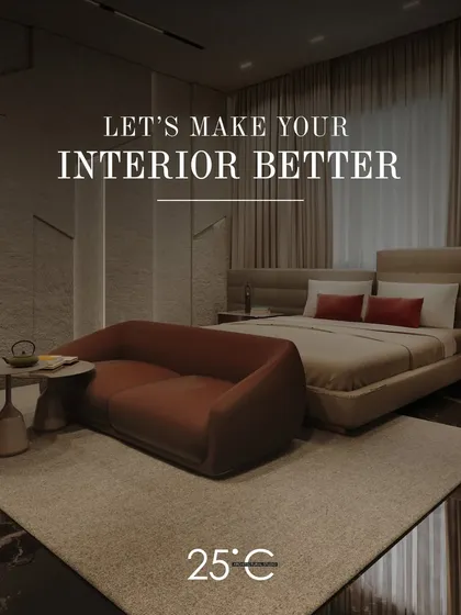 A marketing image with the call to action, "Let's make your interior better." The underlying design features a moody and luxurious bedroom with textured walls, a plush area rug, and a rich, warm color palette.