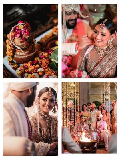 This collage captures several key moments from a Hindu wedding ceremony, including the sacred fire, the couple's loving glances, and details of the rituals.