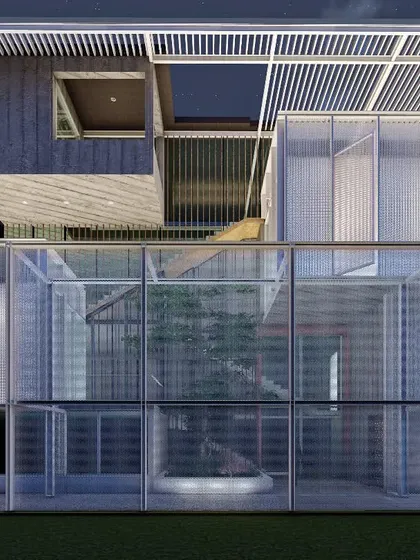 A design rendering for Residence B in South Extension, Delhi. This project explores the idea of a modern courtyard by stacking contrasting volumes. I juxtapose heavy, solid forms with transparent, lightweight glass structures to create a dynamic play of enclosed and open spaces that are interconnected.