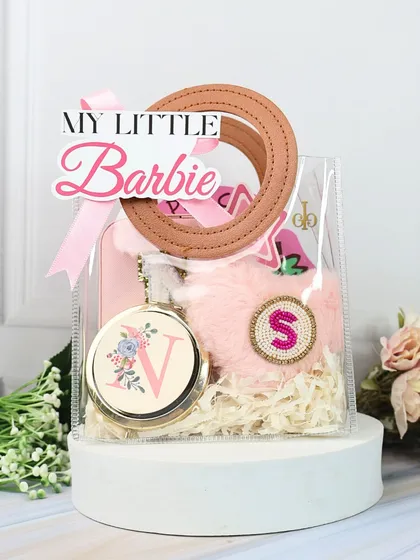 Another view of the "My Little Barbie" hamper, packed in a clear tote bag with a round handle, making it a stylish and fun gift.