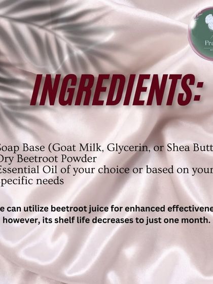 These are the ingredients for my Beetroot Soap. I use a gentle soap base, dry beetroot powder, and your choice of essential oil. I can even use fresh juice for extra potency.