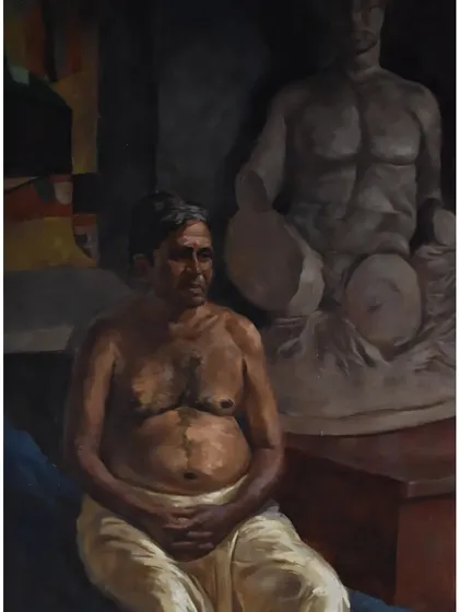 My award-winning painting, "Contrast of life." This piece received the 'Tilak Vidyapith Award' and explores deeper themes through the juxtaposition of the human form and classical sculpture.