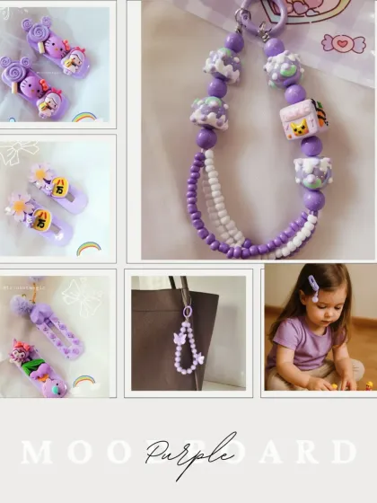 A purple mood board showcasing the variety of kawaii accessories I create. It includes handmade hair clips, bag charms, and phone charms, all in a beautiful pastel purple theme.