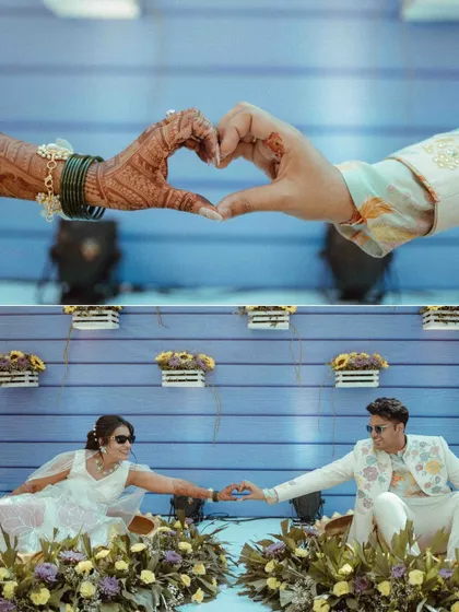 A creative collage from a Haldi event. The top frame shows the couple making a heart shape with their hands, and the bottom shows them in a relaxed, stylish pose.