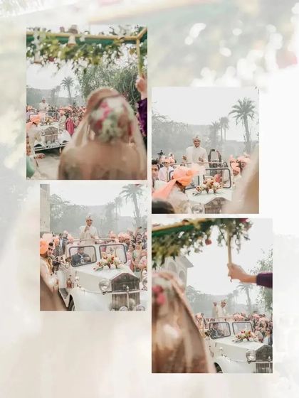 A collage capturing the bride's perspective as she watches her groom's Baraat arrive in a vintage car.