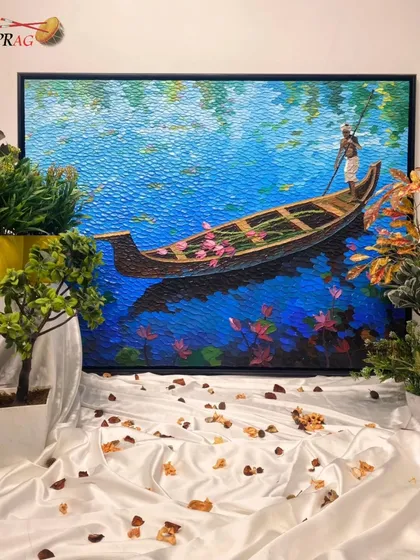 Art can be a sensory experience. Using a palette knife, artist Shraddha More creates incredible texture in this serene depiction of a boatman on calm waters. The thick, layered acrylics capture the play of light on water and the delicate beauty of lotus flowers, inviting you to almost feel the scene.