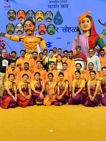 The entire cast and crew with both giant puppets, Ravan and Bali Raja, after the successful show for Paani Foundation. It was a massive collaborative effort involving actors, dancers, and our puppetry team.