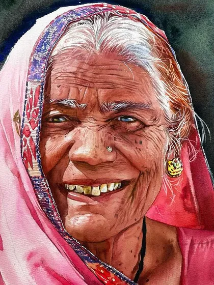 A beautiful portrait capturing a warm, genuine smile. This piece from my complete watercolor course is a great example of bringing joy and life to the canvas.
