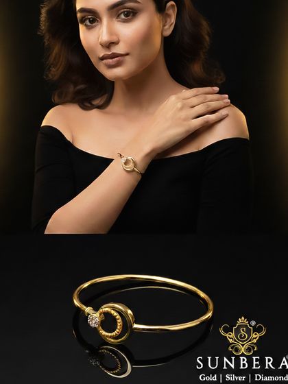 This lightweight gold kada features a unique interlocking circle design with a single diamond accent. It’s a perfect example of our philosophy: smart, stylish jewellery that offers a heavy impact with a light feel.
