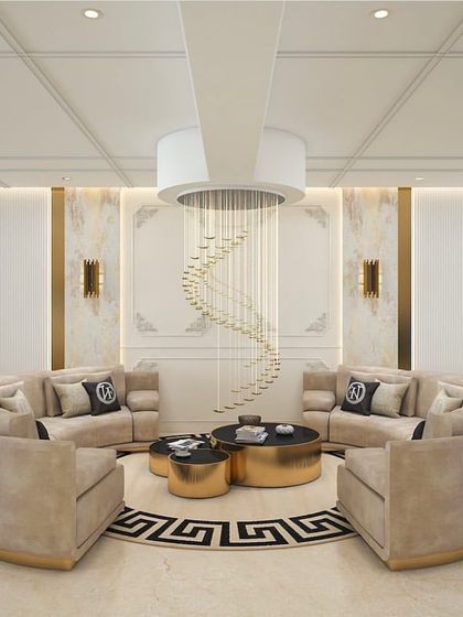This living room concept is centered around a circular seating arrangement to foster conversation. The design features Versace-themed details, a dramatic spiral chandelier, and gold accents for an unapologetically luxurious feel.