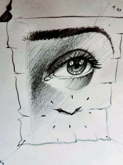 A creative sketch exploring themes of time and vision. This drawing combines a realistic eye with the fragmented face of a clock, showcasing conceptual thinking in art.