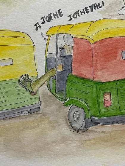 This illustration shows two auto drivers having a mid-road chat, a common cause of traffic jams that I find amusing.
