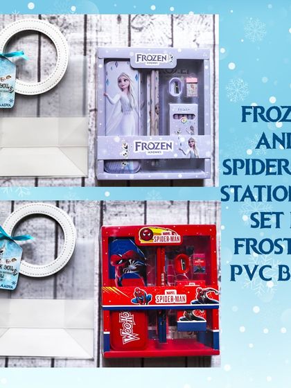For fans of Disney's Frozen and Spider-Man, I offer these complete stationery sets. They come packed in stylish frosted PVC bags with a personalized thank you tag.
