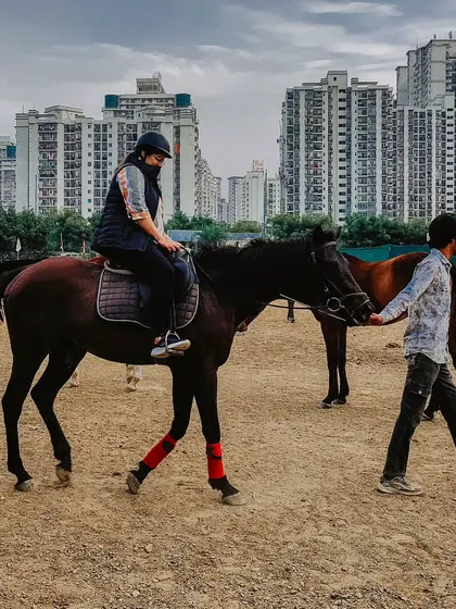An adult beginner takes a lesson with a trainer leading the horse. This hands-on approach helps new riders feel secure as they learn the fundamentals.