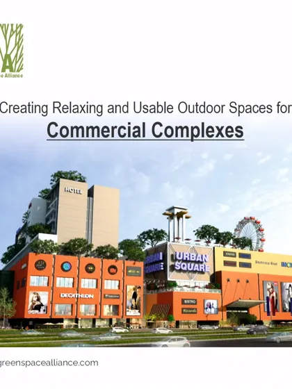 A render of a commercial complex featuring a hotel and a mall with a rooftop Ferris wheel. Our landscape design for such projects focuses on creating usable and relaxing outdoor spaces that enhance the visitor experience and add value to the property.