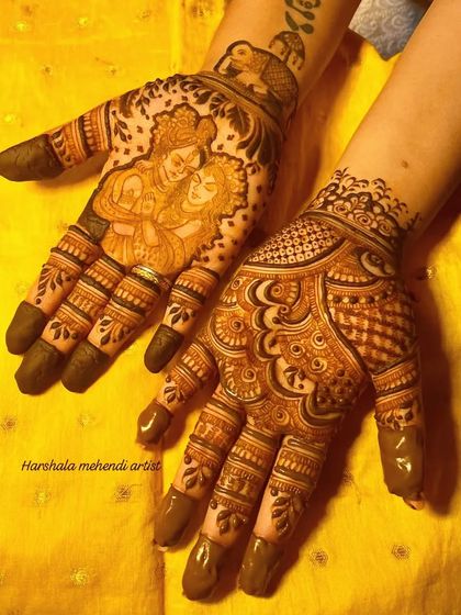 A special design for Karwa Chauth featuring a portrait of Radha and Krishna. The other hand is filled with intricate traditional patterns, creating a beautiful and devotional set.