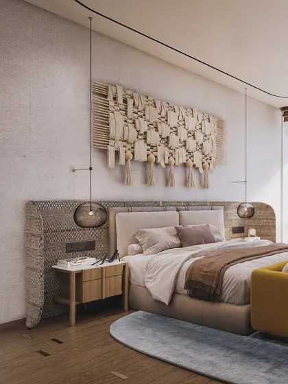 A penthouse bedroom in Dubai with a wabi-sabi aesthetic. The render highlights the woven headboard and the large macrame wall hanging, focusing on natural textures and a sense of calm.