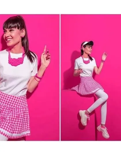 For the "Barbie Party" editorial in Hello! Magazine, I styled this fun and preppy look. It features a classic white tee paired with a pink gingham skirt, visor, and chunky sneakers for a playful, nostalgic vibe.
