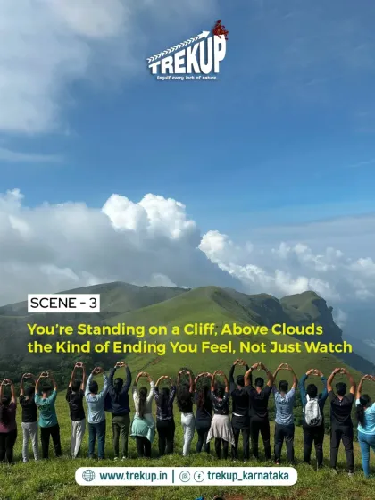 The crew standing on a cliff above the clouds, making a heart shape with their hands. A movie-like ending you feel, not just watch.