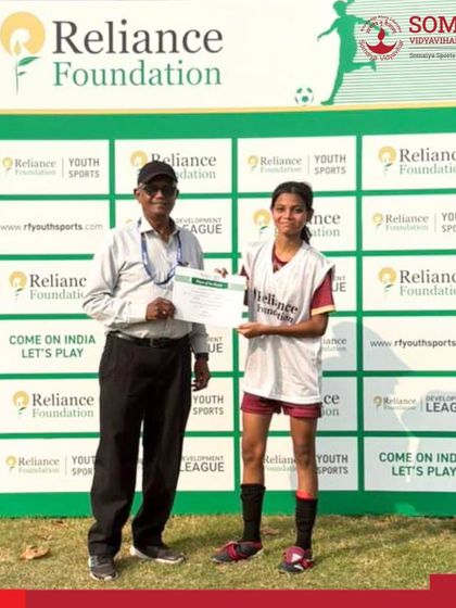 Surishti Rozario receives the Player of the Match award after scoring a goal in Somaiya FC's 2-0 win in the Reliance Foundation Youth Sports U-17 Tournament.