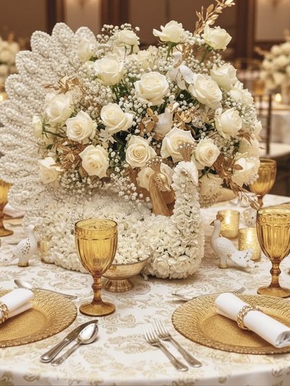 The complete table setting, featuring the pearl and floral peacock centerpiece, amber goblets, and gold plates. This is the epitome of a luxurious, themed dining experience.