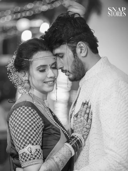 A timeless black and white portrait that emphasizes the deep connection between the couple. This classic style adds a layer of elegance and emotion to your wedding album.