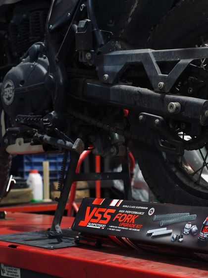 We're installing a YSS fork upgrade kit on this Royal Enfield Himalayan to improve its front-end performance and handling, especially off-road.