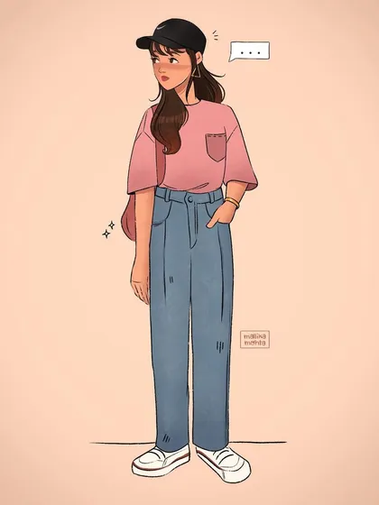 The full-body version of the previous sketch. This shows the complete outfit, including the baggy jeans and sneakers, giving a full picture of the character's style.