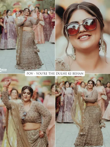 A fun collage capturing the energy of the 'dulhe ki behen' (groom's sister) and other guests during the baraat.