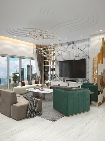 This render for an upcoming project shows a living room where luxury meets grandeur. Key features include a massive marble feature wall, a sculptural ceiling, and a unique fish-themed chandelier that acts as a central art piece.