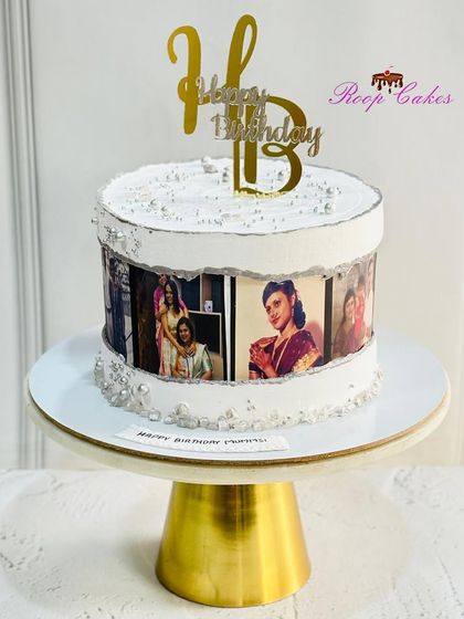 Another beautiful photo reel cake, this time with a silver and white theme. It's a wonderful way to showcase precious memories for a loved one's birthday.