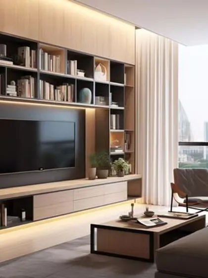 For this living room, I created a full-wall entertainment center that doubles as a library. The design incorporates extensive shelving for books and decor, seamlessly integrating the television to create a sophisticated and functional focal point with a view of the Bangalore cityscape.