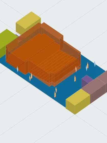 An axonometric diagram illustrating the spatial organization of a proposed Performing Arts Center. This type of drawing helps us analyze volumes and circulation in the early stages of design.
