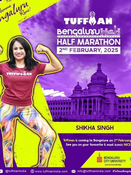 A promotional poster for the Tuffman Bengaluru Half Marathon. As a "Tuffwoman" ambassador, I'm excited to be part of this iconic race and welcome runners to this challenging and rewarding event.