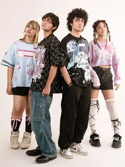 A group shot for a streetwear brand's lookbook, inspired by Japanese anime and youth culture. The focus was on capturing the collective energy and individual style of the models, creating a dynamic and playful image that speaks to the brand's identity.