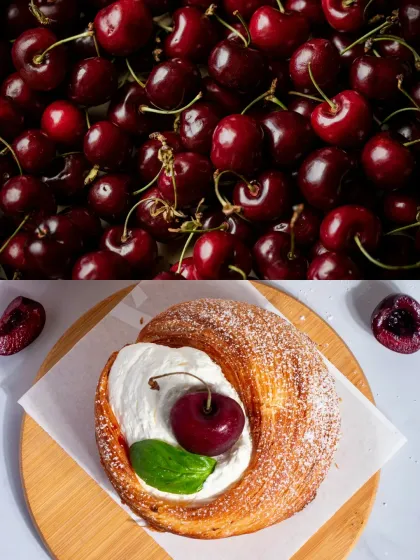 Another view of the Cherry Trifle, a complex pastry featuring layered croissant dough, vanilla sponge, dark chocolate ganache, and cherry compote.