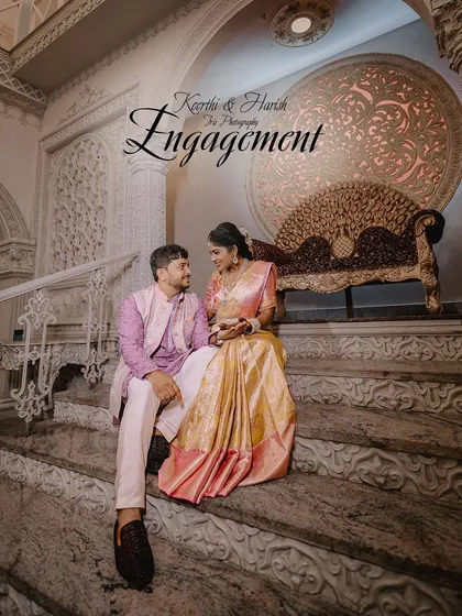 An engagement shoot with a touch of grandeur. The stunning architecture of the venue provided a perfect backdrop for this elegant couple portrait, showcasing a more formal and classic style.
