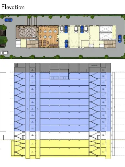The plan and elevation drawings for the Trontek building. These technical documents are a crucial part of our process, defining the building's layout, structure, and spatial organization across all floors.