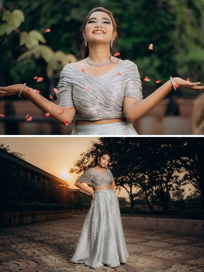 A collage showcasing the bride's joyful and serene moments. One shot captures her playfully tossing petals, while the other is a poised sunset portrait.