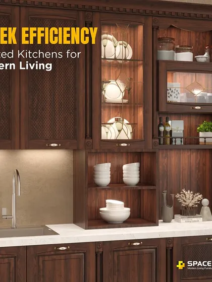 This kitchen demonstrates sleek efficiency with its classic, dark wood finish. The design includes glass-fronted cabinets to display dishware, open shelving for easy access, and under-cabinet lighting to illuminate the workspace.