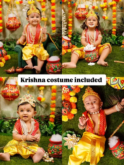 A collage showing the included Krishna costumes for the Janmashtami mini sessions.