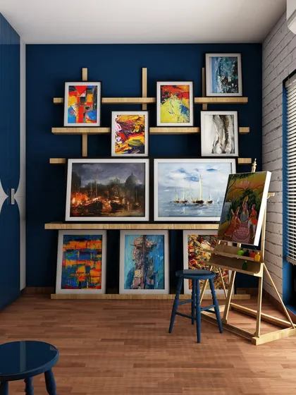 A 3D concept for a creative art studio, designed to inspire. This space features a bold color scheme, custom gallery-style shelving for displaying artwork, and a functional layout that caters to an artist's workflow.