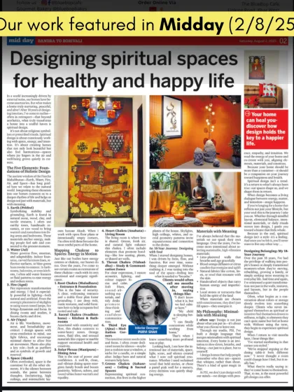 It was an honor to be featured in Mid-Day and share my philosophy on creating spiritual spaces. I've always believed that a home's design can heal and uplift, and I'm grateful for the opportunity to talk about how intentional, Vastu-compliant design can foster a happier life.