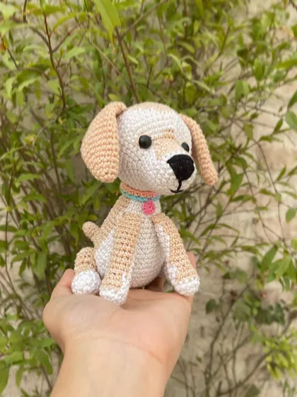 This is the final look of the custom crochet dog, ready to be sent to its new home. I think it turned out so adorable.