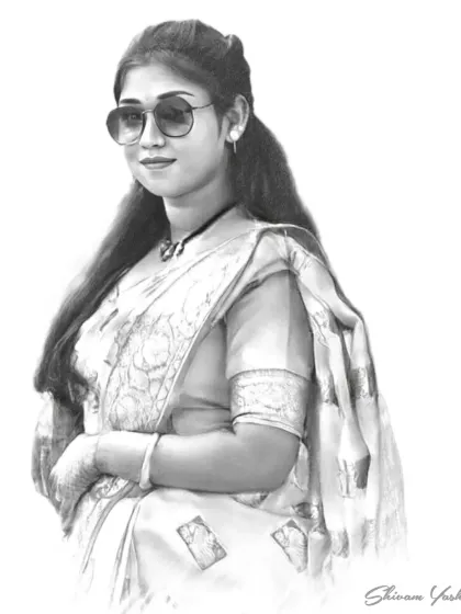 A stylish portrait featuring sunglasses and a beautifully detailed saree. This sketch was done for a client using Faber Castell pencils.