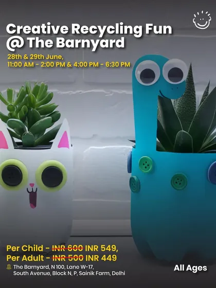 Creative Recycling Fun at The Barnyard. Kids learn to make cute planters from recycled materials, a great way to teach sustainability.