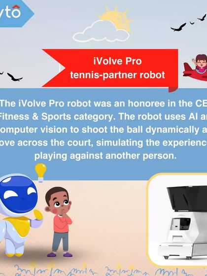The iVolve Pro is a tennis-partner robot that uses AI and computer vision to simulate playing against a human opponent, dynamically shooting balls and moving across the court.