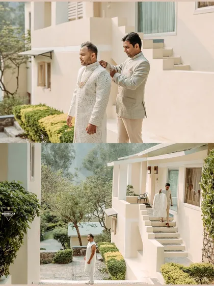 A collage showing the groom getting ready with the help of his groomsmen, a great moment of friendship and support.