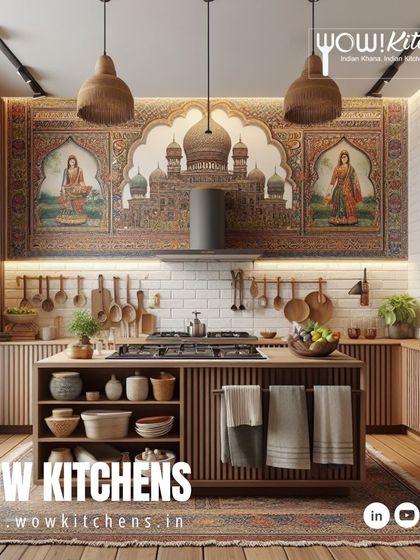 We love incorporating traditional Indian art into modern designs. This kitchen features a stunning mural backsplash, complemented by natural wood cabinets and an island with open shelving.